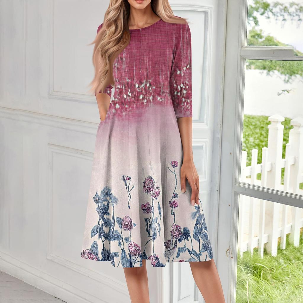 Women's Casual Fashion Round Neck Three Quarter Sleeve Print Midi Dress