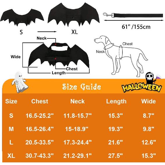 Halloween Dog Bat Costume with Leash Cat Pet Bat Wings Clothes Funny Apparel Outfit Dress Up Accessories for Cosplay Party XL