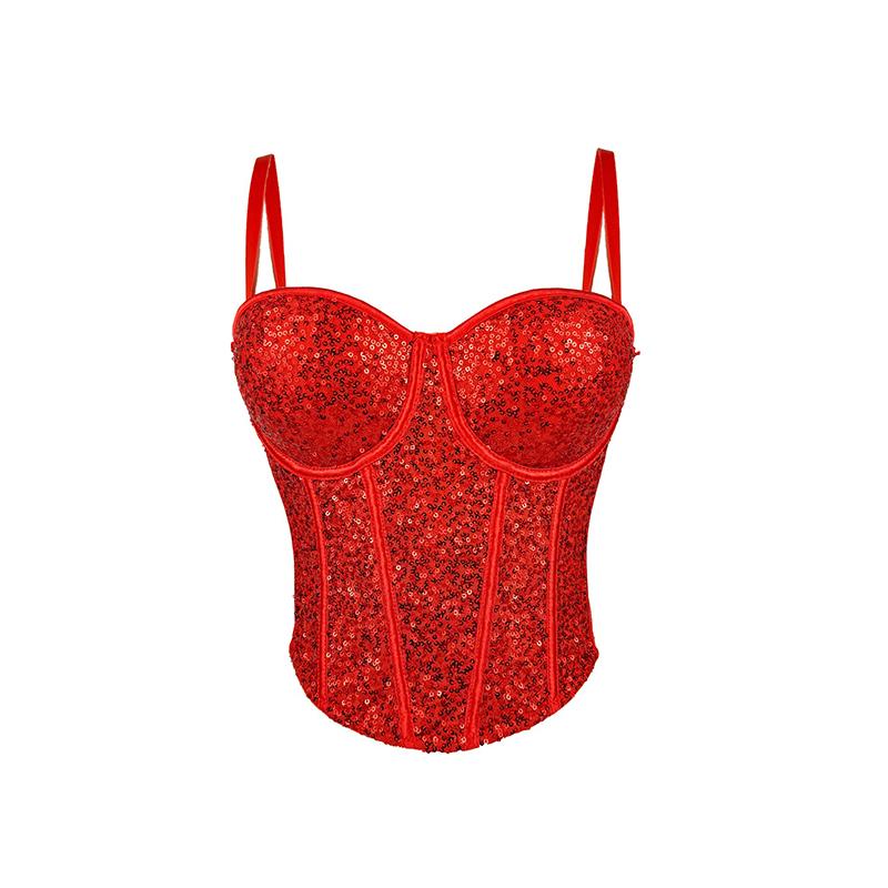 Women Pure Wind Lace Bustier Waist Top Bundy Ultra Short Sexy Slim Sequin Halter Women Waist Fishbone Corset S красный