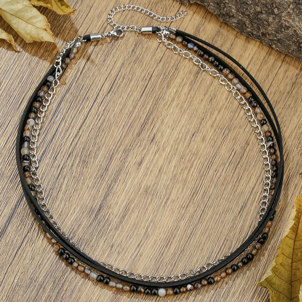 Geometric Leather Chain Necklace For Men With Handmade Design And Multilayer Style