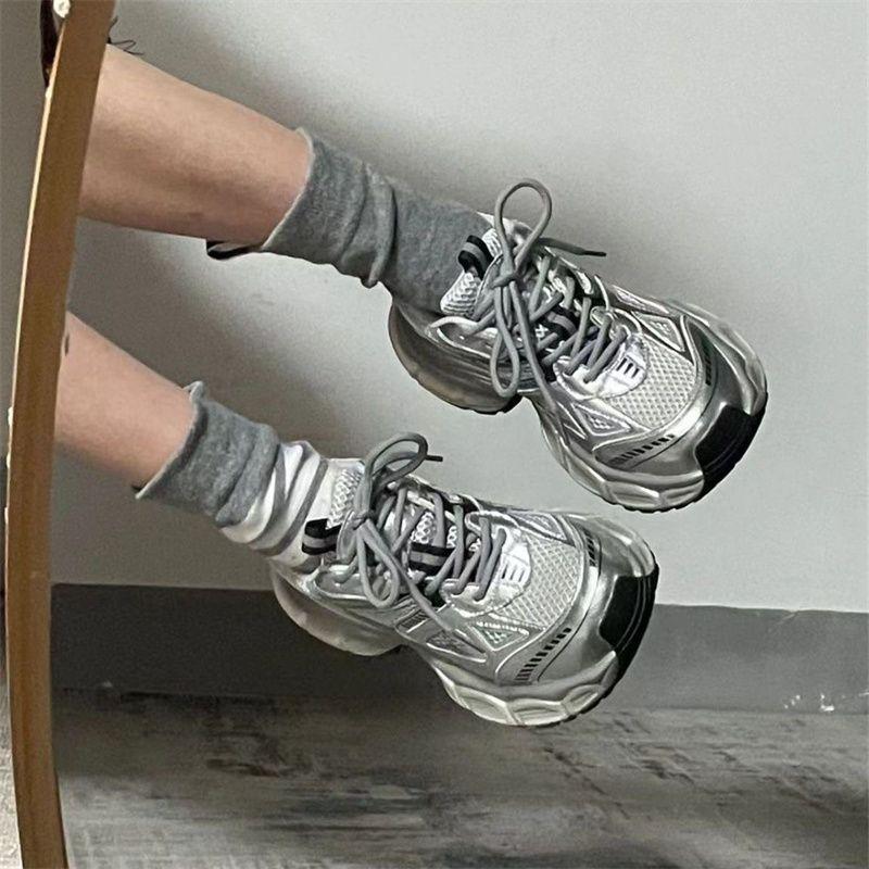 Daddy Shoes Girl 2025 New Summer Versatile Showing Feet Small Silver Popular Thick-soled Super Soft Fashion Trend Sneakers