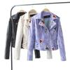 Turn-down Collar Pu Motorcycle Black Punk Outerwear Women Floral Print Embroidery Faux Soft Leather Jacket Coat