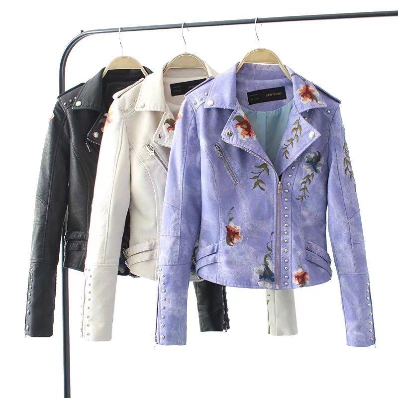 Turn-down Collar Pu Motorcycle Black Punk Outerwear Women Floral Print Embroidery Faux Soft Leather Jacket Coat