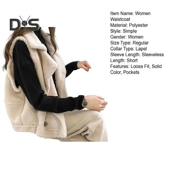 Women Waistcoat Sleeveless Lapel Double-Breasted Short Style Solid Color Casual Cardigan Thickened Velvet Lining Vest Coat