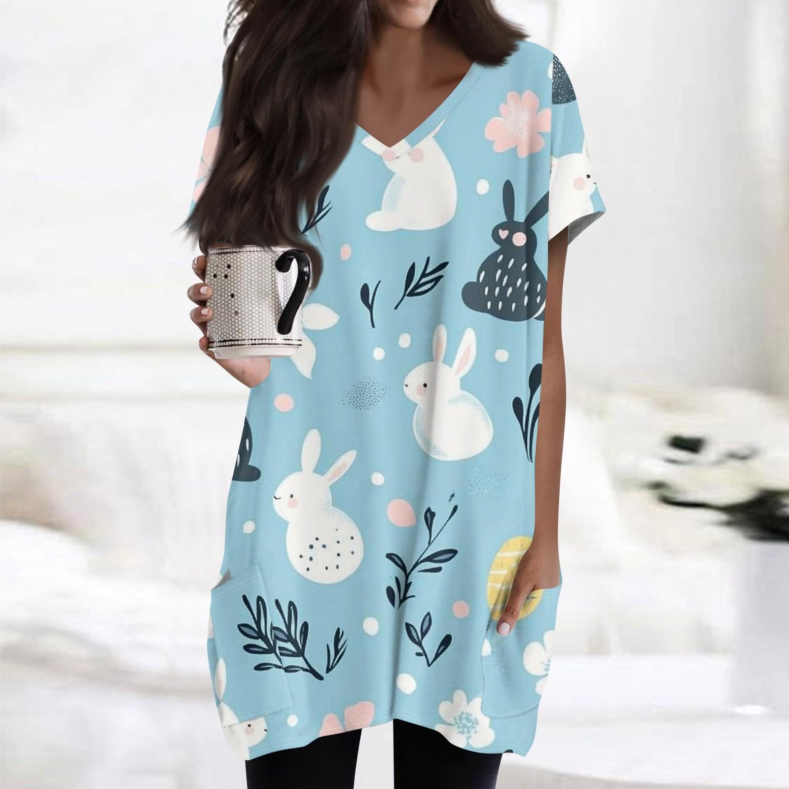 

Женские топы с V-образным вырезом, блузки с коротким рукавом, повседневные рубашки средней длины, модные туники с принтом и карманами M синий