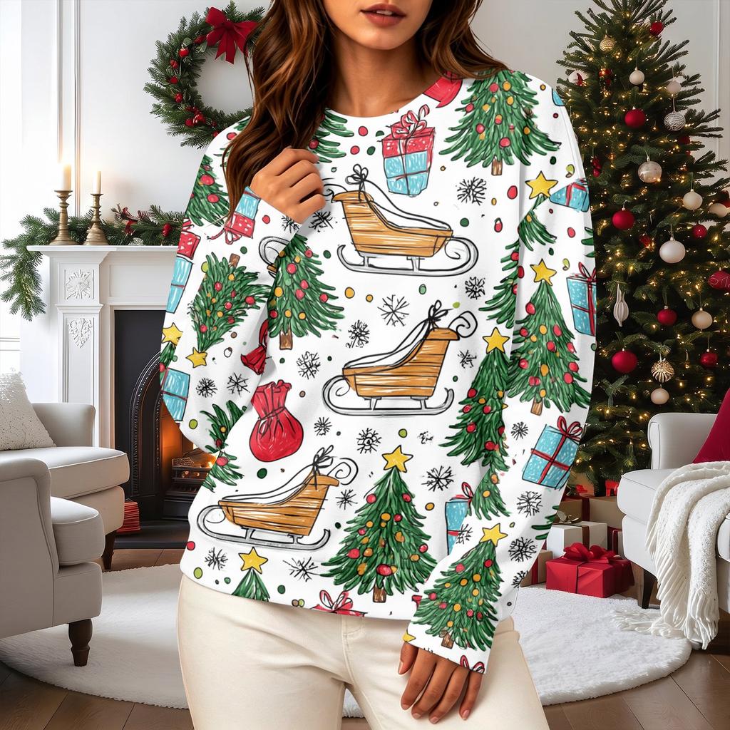 Women's Casual Long Sleeve Christmas Print Neck Pullover Sweatshirt