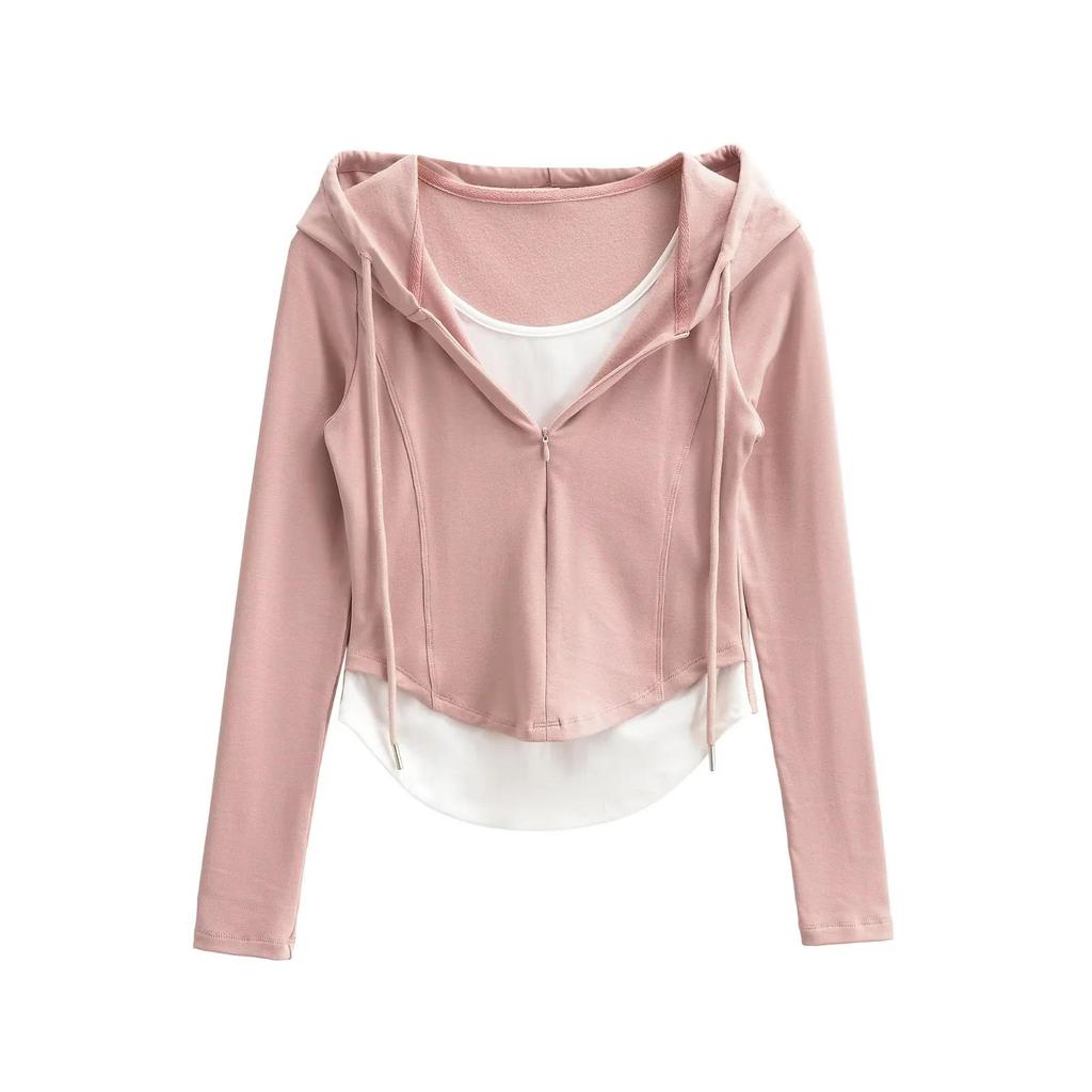 Women's Spicy Girl Faux Two-Piece Slimming Long-Sleeve Half-Zip Cropped Hoodie