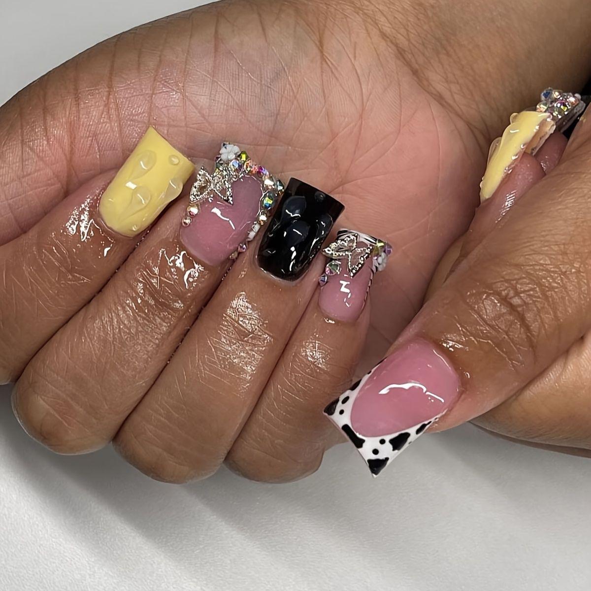 

European & American Cow Print Rhinestone Butterfly Short False Nails