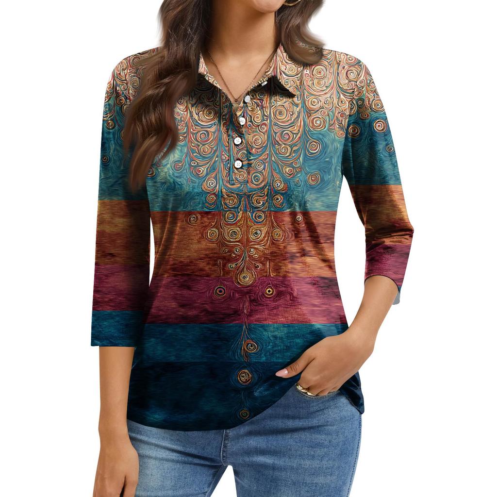 Women's Fashion Casual Lapel Short 3/4 Sleeve Print Shirt Women's Button Up Tops
