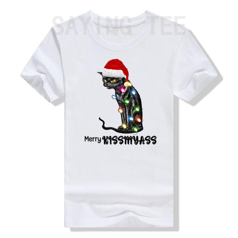 Merry Kissmyass Funny Cat Christmas Lights T-Shirt Xmas Costume Gifts Kitty Lover Graphic Outfits Cute Kitten Saying Tee Y2k Top