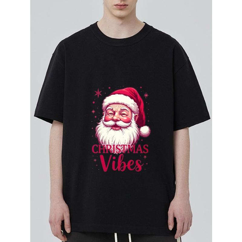 

Christmas T Shirt Black Santa Claus Face and Christmas Vibes Print for Holiday Party XXXXL