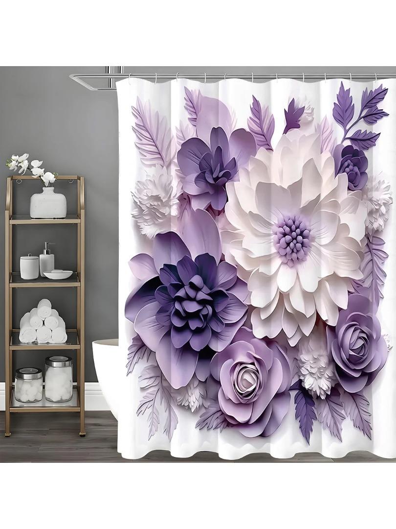 Purple Floral Light Relief Art Shower Curtain, Bathroom Decorative Shower Curtain, Waterproof Shower Curtain with Hooks W90xH180cm