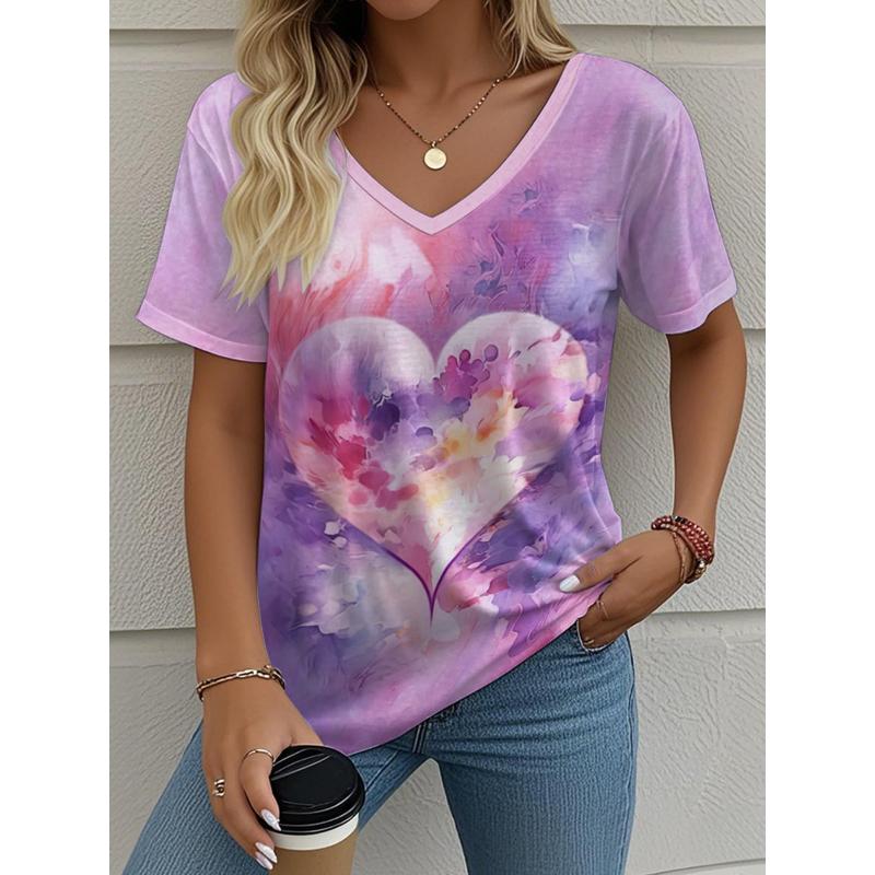 Summer Women's T-Shirt Love Printing Outdoor Retro Fashion Casual Oversized V-Neck Short-Sleeved Women's Clothing