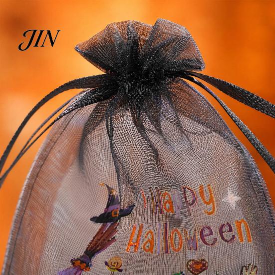 Halloween Candy Bag 12 Pcs Organza Bag, Drawstring Treat Pouch with Pumpkin Ghost Bat Party Favor Print, Sheer for Snacks, Trick or Gift Packaging