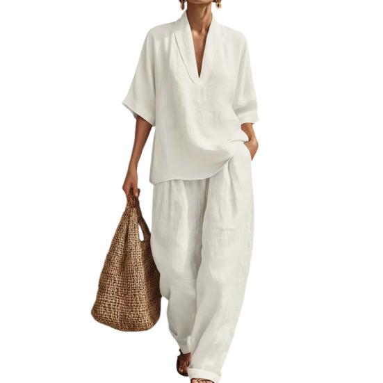 Completi Estivi da Relax a 2 Pezzi per Donna con Scollo a V, Manica Corta e Pantaloni a Gamba Larga, Set Casual per Viaggi e Vacanze