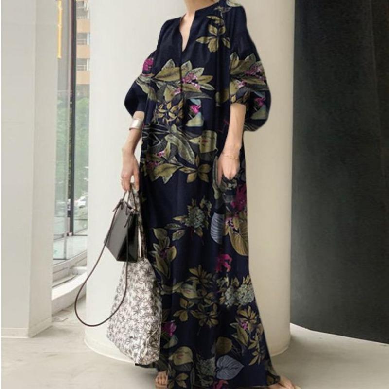 

Хлопковое и льняное летнее платье больших размеров с принтом, женское повседневное свободное платье с v-образным вырезом, женское простое винтажное элегантное платье с цветочным принтом 24363 XXXL тёмно-синий
