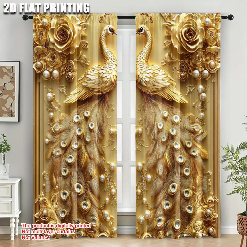 2 Stück   Beliebte Vorhangpaneele 2D-Ebene Druck Eleganter Goldener Pfau Strapazierfähiges Polyester (ohne Stange) Feiertags-Ideal für die Küche
