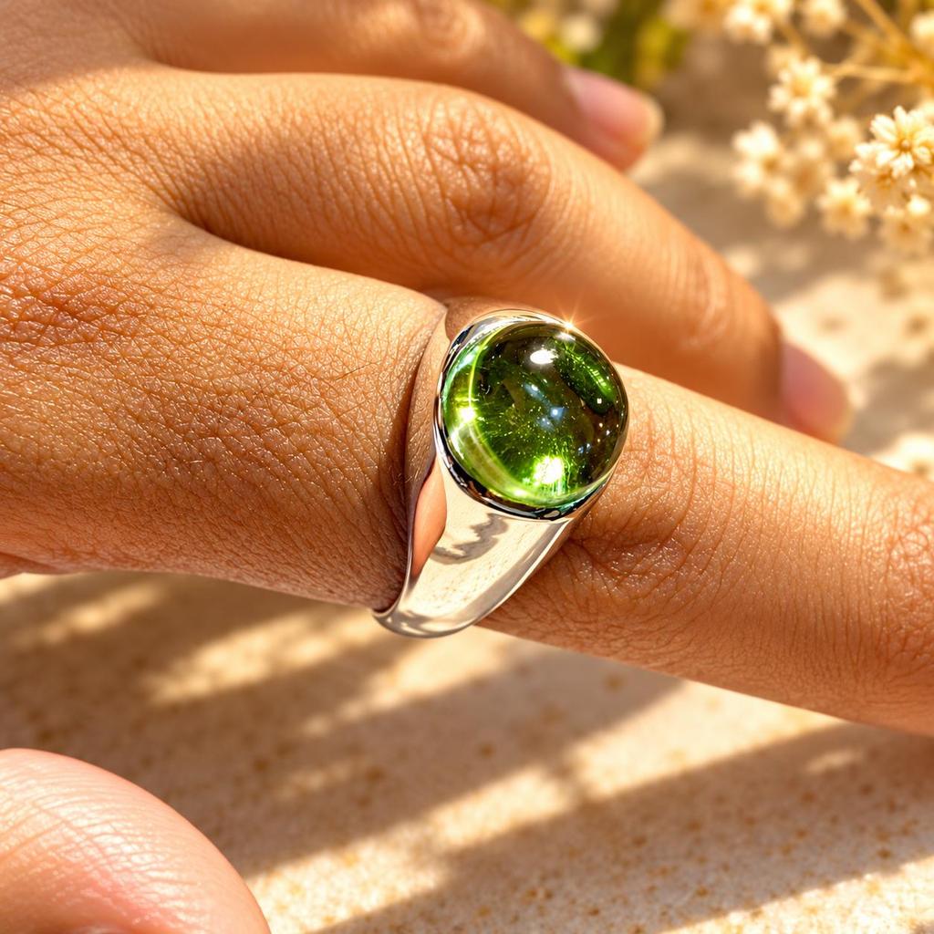 Peridot Round Signet Ring, 925 Sterling Silver, Boho Gemstone Ring, Handmade Men Women Ring
