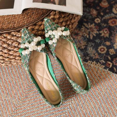 Fashion Green Soft Pointed Toe Flat Shoes Women Ballet Shoes 2024 Spring New Pearl Bow Korean Ladies OL Office Shoes