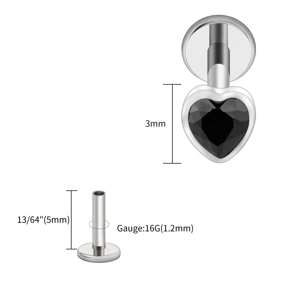 Right Grand ASTM F136 Titanium Heart Shaped CZ Flat Back Labret Stud 16G Garnet Cartilage Helix Ear Piercing Halloween Jewelry
