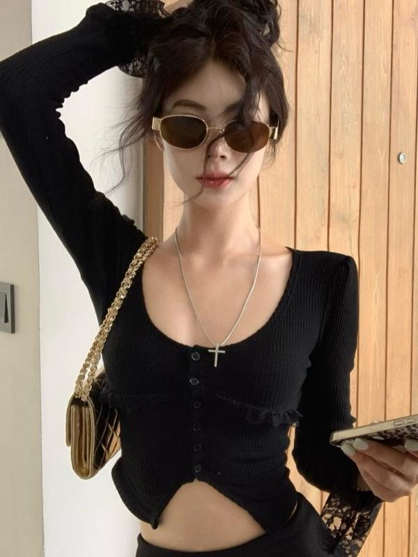 Women's Retro V-Neck Lace Trim Slim Fit Long Sleeve Crop Cardigan