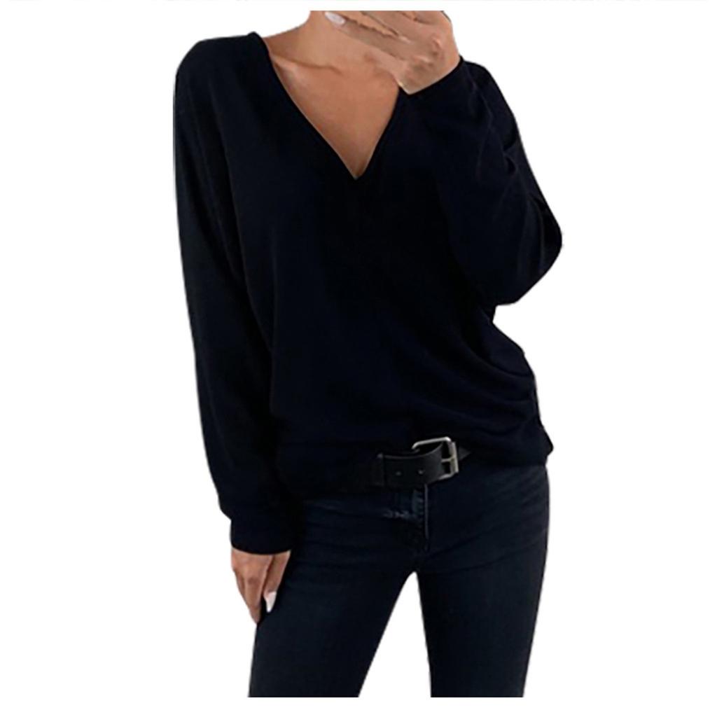 Women Fashion Casual Solid V-Neck Loose Long Sleeve T-shirt Top Blouse Pullover