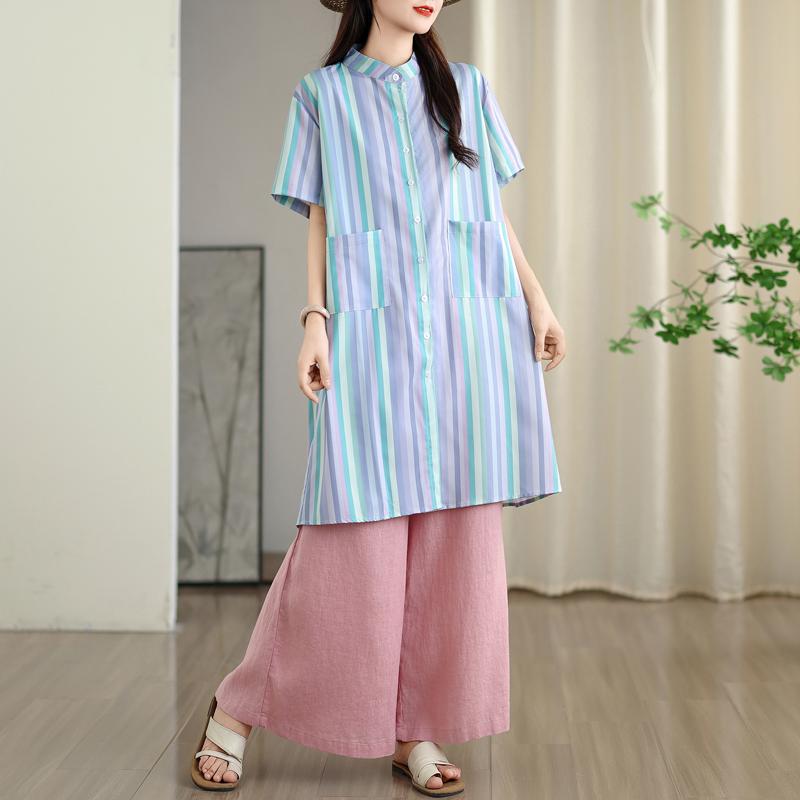 DIMANAF Summer Women 2025 Basic Plus Size Shirt Dress Casual Short Sleeve Buttons Dress Loose Stripe Dress