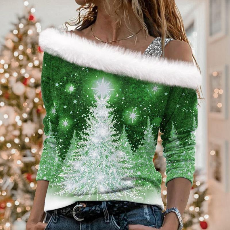 

Рождественский женский свитер 2024 года с длинными рукавами и диагональным воротником, женская футболка Slim Temperament с длинными рукавами XL