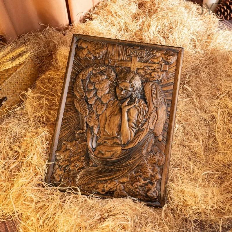 Religious Wooden Carving Icon Archangel Chamuel, Mural Art Figure Living Room Decor