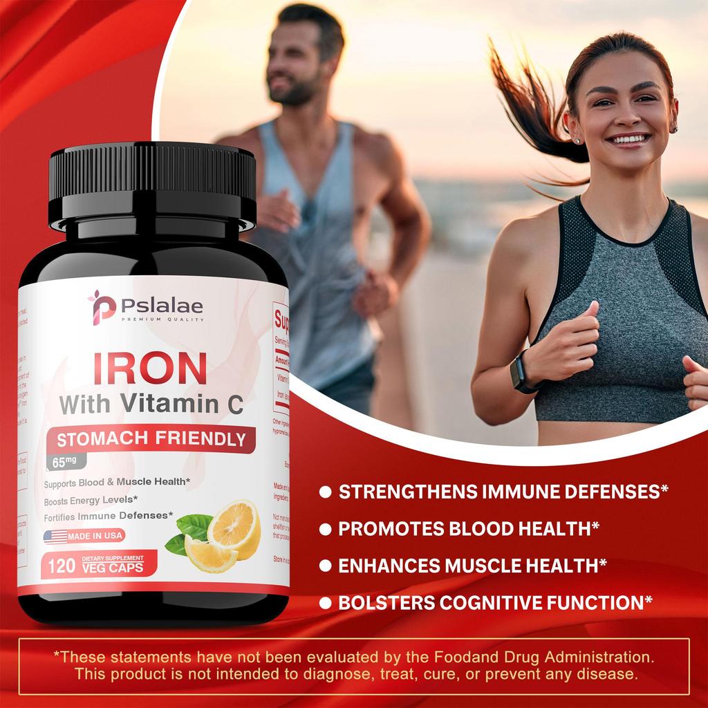 Pslalae Iron Capsules with Vitamin C for Supports Blood Health Boosts Energy Level Fortifies Immune Defenses for Women & Men