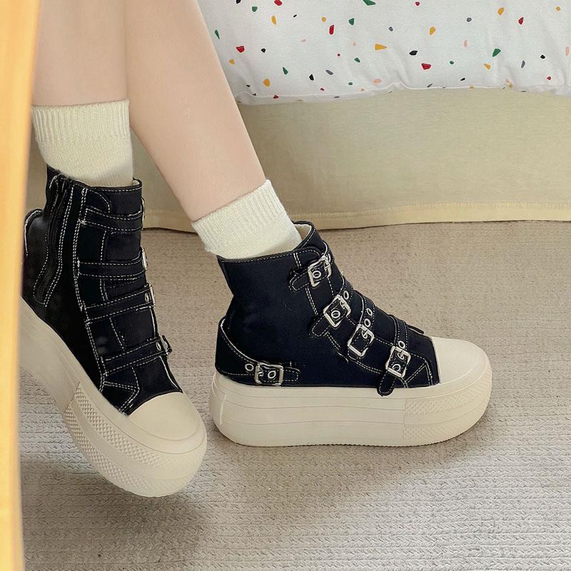 Fashion Women's High Top Canvas Sneakers Design Buckle Strap Zip Simplicity Female Shoes 2025 High Street Grace Waling Shoes