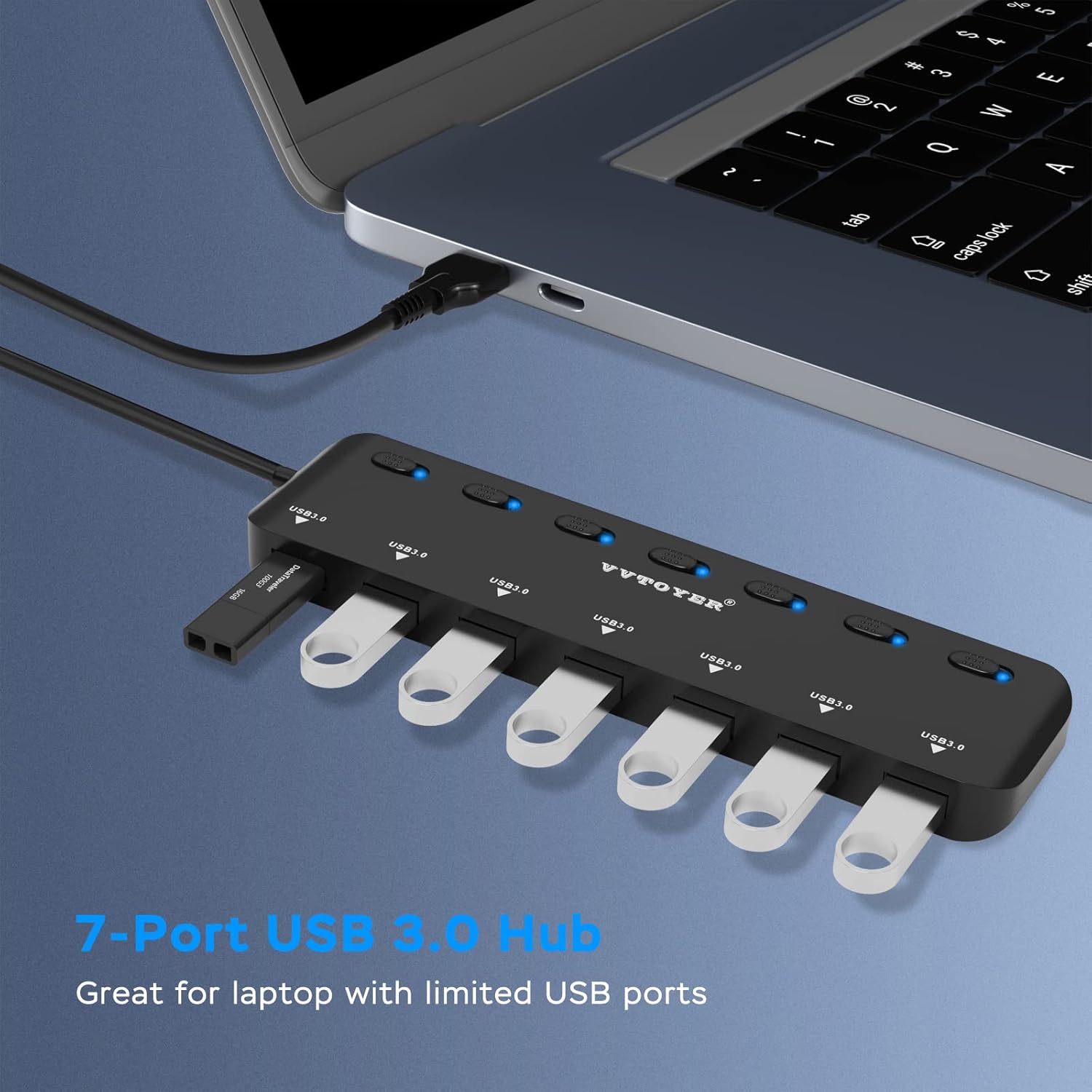 USB Hub 3.0 Splitter, 7-Port USB Extender for Laptop, VVTOYER USB Multiport Adapter Expander with Individual Power Switch and 23.6 Inches Long Cable