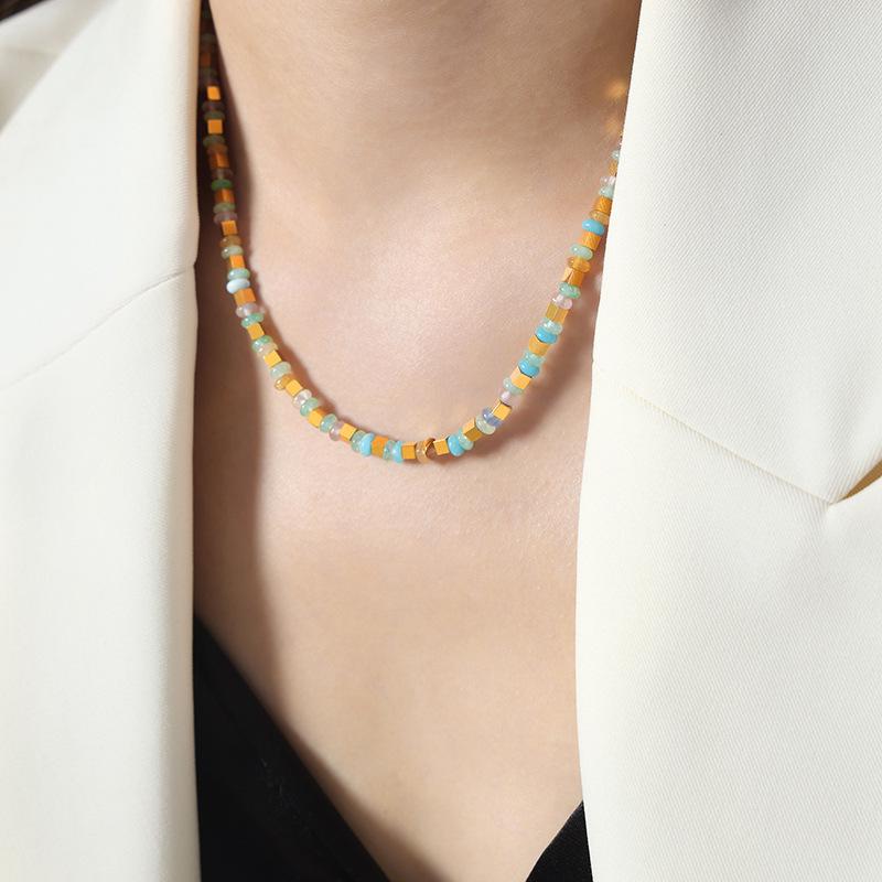 Bohemian Square Stone Beads Necklace, Handmade Women’s Titanium Steel Jewelry, Versatile Clavicle Chain for Girls