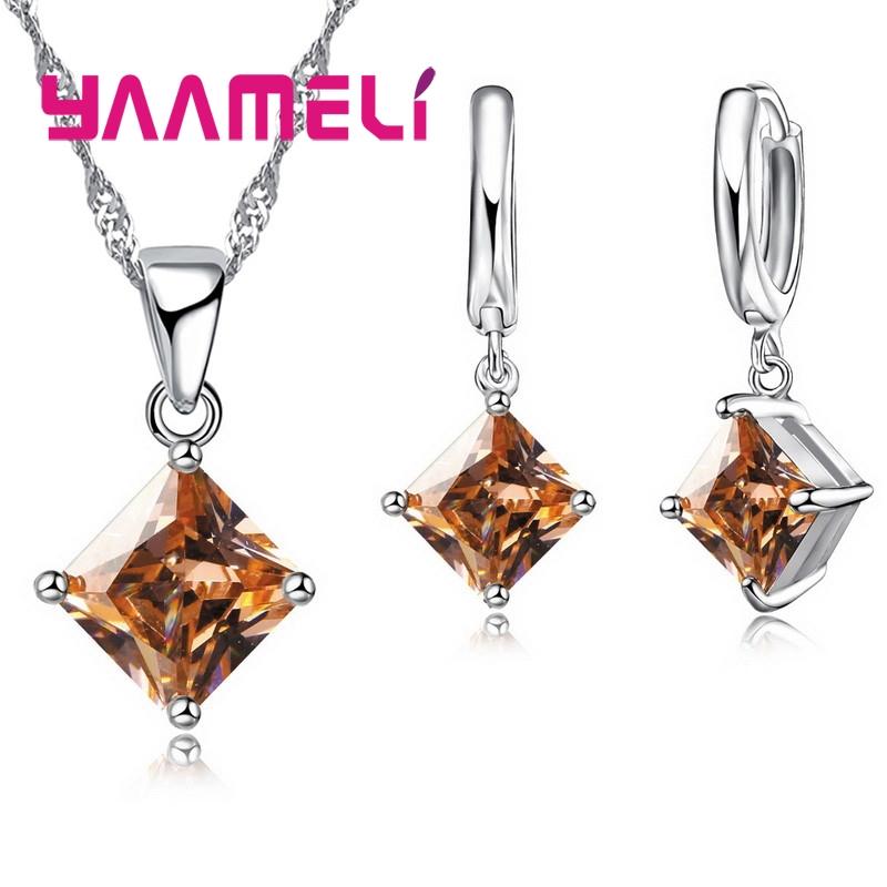 New Fashion Women Pendants Necklace Simple Geometry Square Earrings Crystal 925 Silver Color Jewelry Sets for Wedding