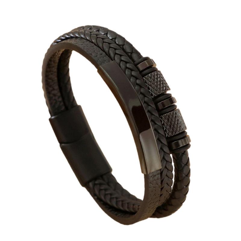 Herrarmband i flätat läder, flerskiktad design med texturerade legeringsdetaljer, Streetwear-manschettarmband, Ny trendig punkig, edgy stil