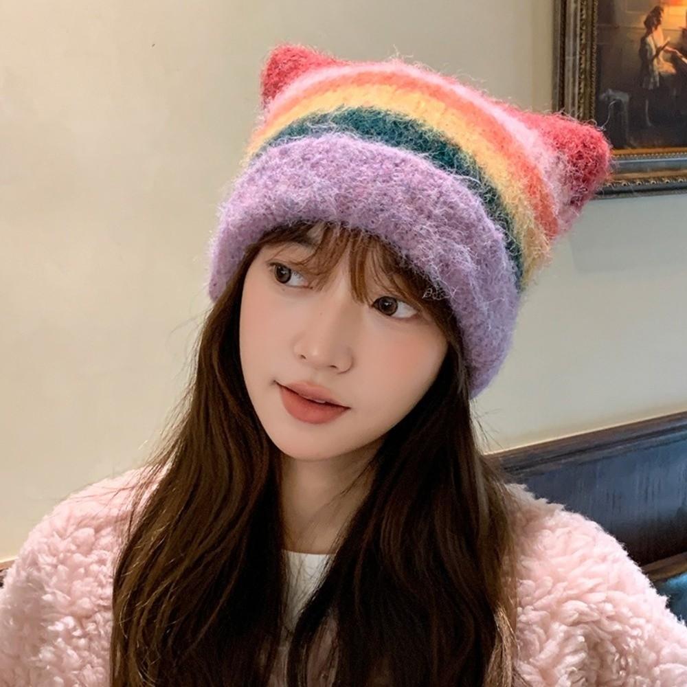 Gradient Striped Bucket Hat Colored Women Beanie Hat Casual Woolen Knitted Hat  Ladies