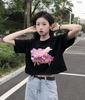 Women's Crew Neck Short Sleeve Crop Top Oversized Fit 3D Foam Bear Letter Print T Shirt Summer High Waist Casual Daily Blouse