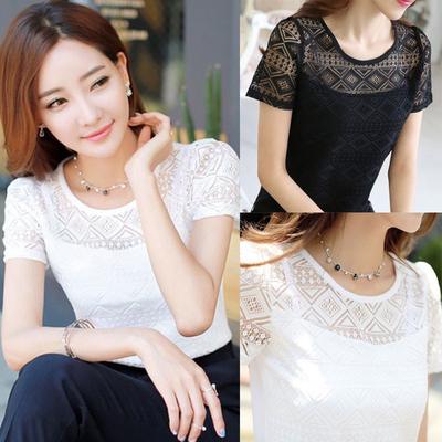 Frauen Sommer Casual Bluse Femme Spitze Hohl Chiffon Kurzarm Shirt Slim Fit Blusa Feminina Tops