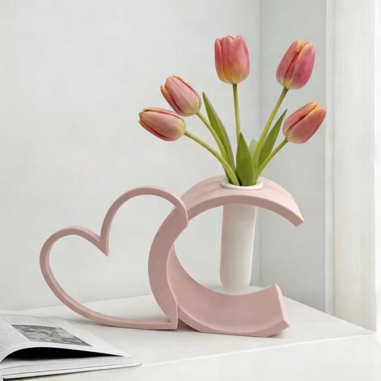 2 Pcs Valentine's Day Heart Vase 3D Printed Pink Heart Shaped Flower Vase Small Decorative Vase for Wedding Party Living Room Shelf Table Centerpiece