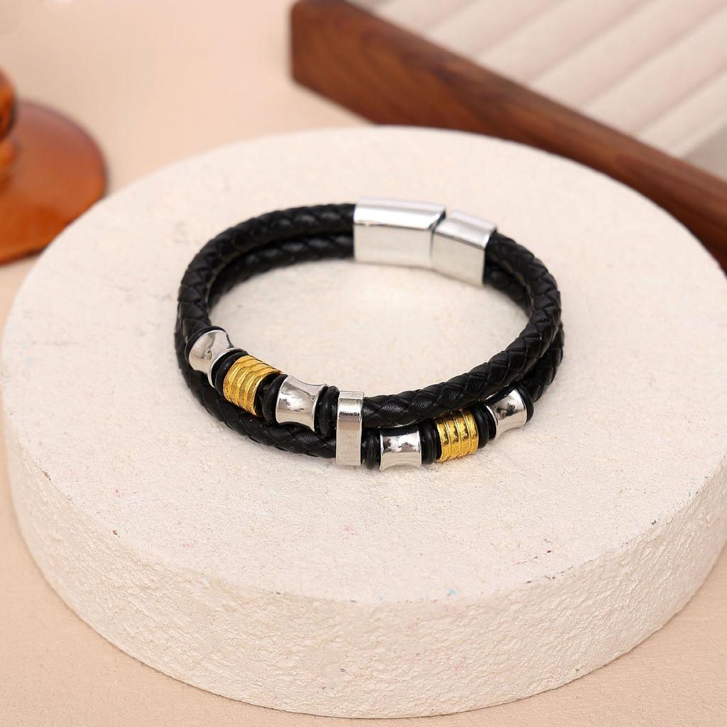 Men's Braided Leather Bracelet: Genuine Leather, Magnetic Clasp, Double-Layer Beaded Vintage Style