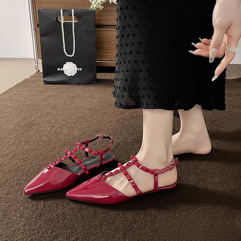 Warren 2025 Autumn and Summer New Fashion Bag Head Sandals Women's Temperament Rivet Trip Strap Pointed Single Shoes Women's Summer Wear