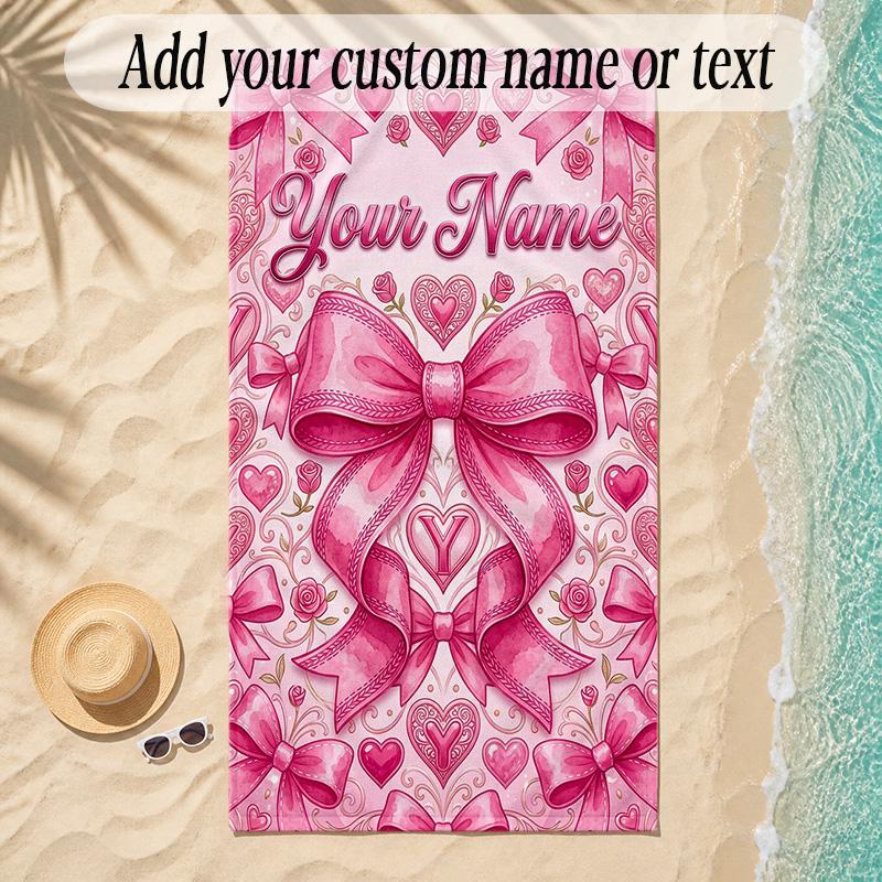 Hearts Theme Soft Beach Towel Personalized Custom Name Text Towel Portable for Beach Pool Travel