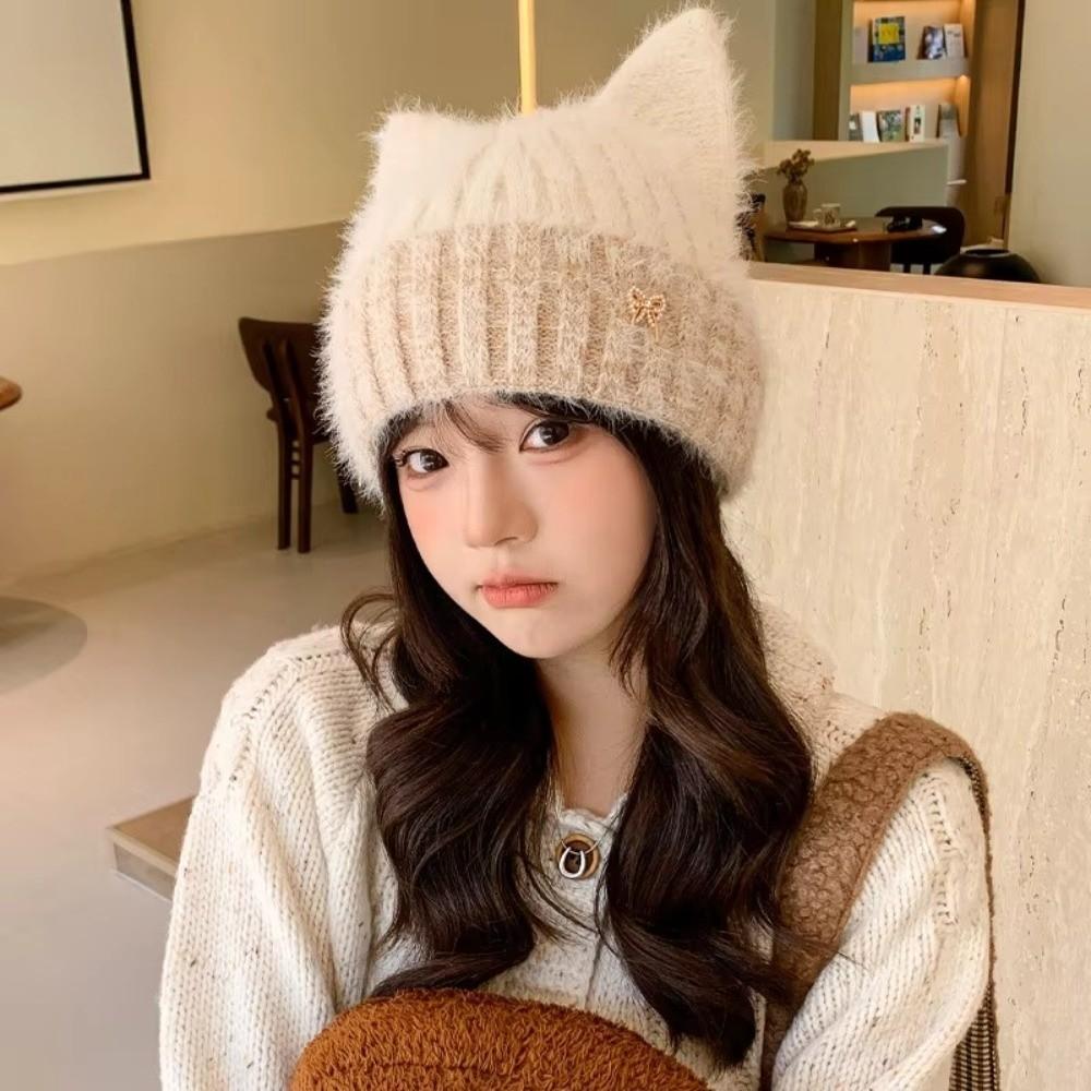 Plush Lining Knitted Hat Windproof Beanie Cap Cute Ear Protection Cap Autumn Winter