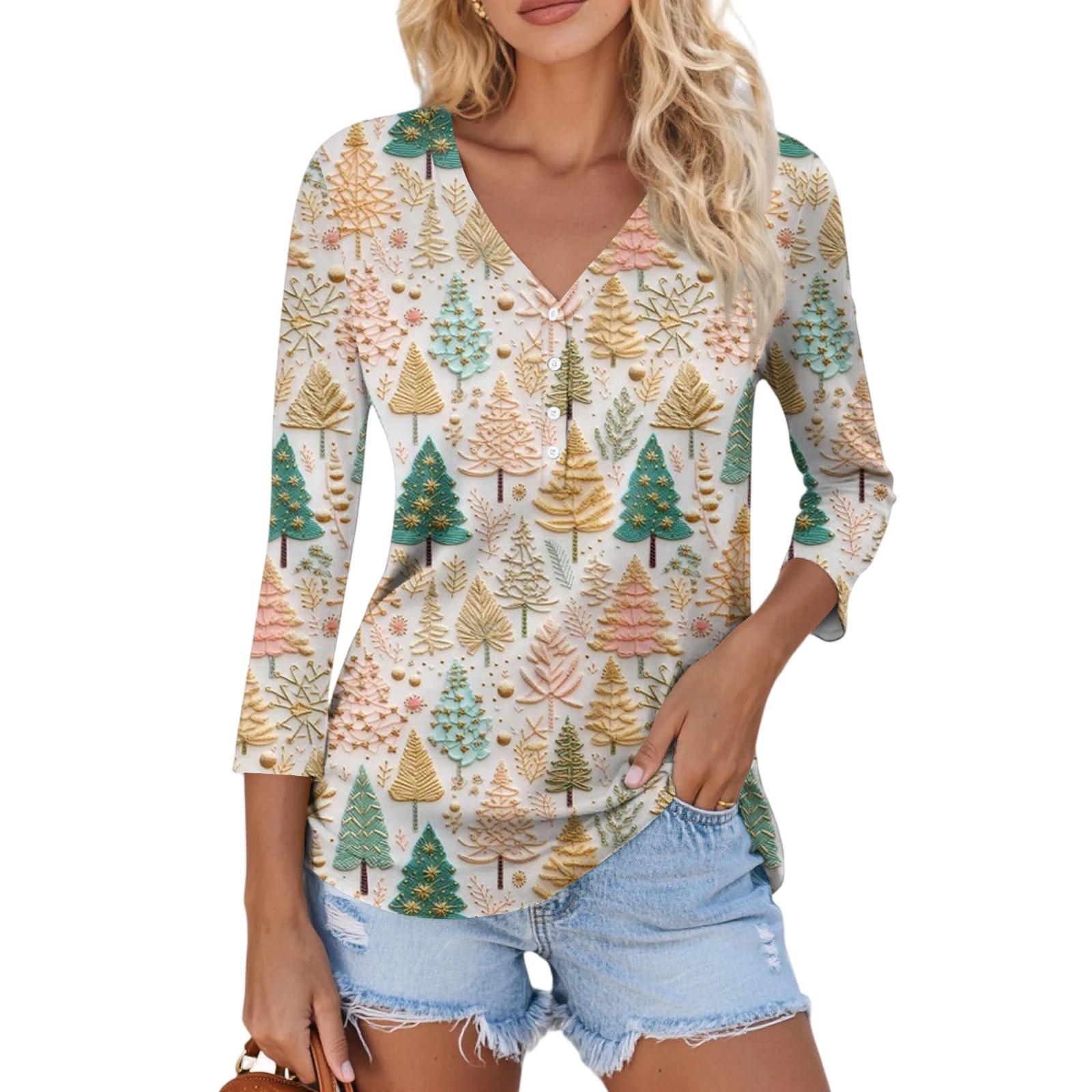 

Women s Casual Fashion Sexy Comfortable Christmas Print V-Neck Button Three-quarter Sleeve Top XL кавун червоний колір