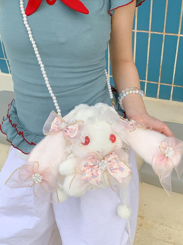 Japanese Lolita Bunny Plush Bag With Pearl Chain For Daily Fashion And Cute Storage