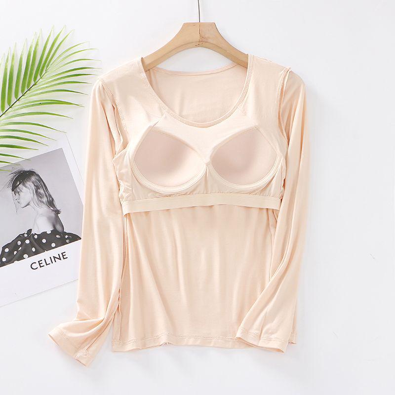 Modal Long Sleeve Thermal Undershirt with Built-in Padded Bra for Women