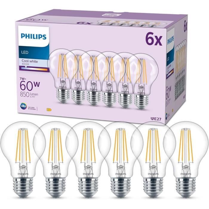 Pack de 6 ampoules led - philips - e27 - 60w - transparentes - blanc froid - verre