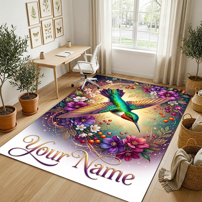 Hummingbird Fantasy Theme Soft Crystal Velvet Rug Custom Name & Text Print Non Slip Floor Rug for Bedroom Living Room