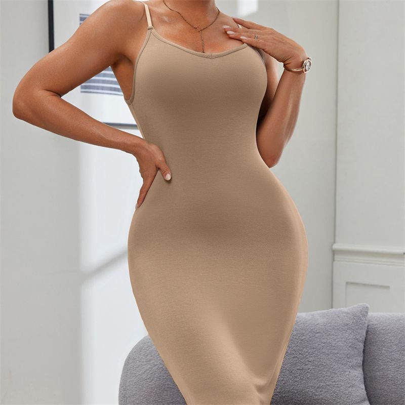 

European and American Fashion Sexy Slim fit Solid Sling Dress Sexy Bodycon Strap Midi Dress Brown XL