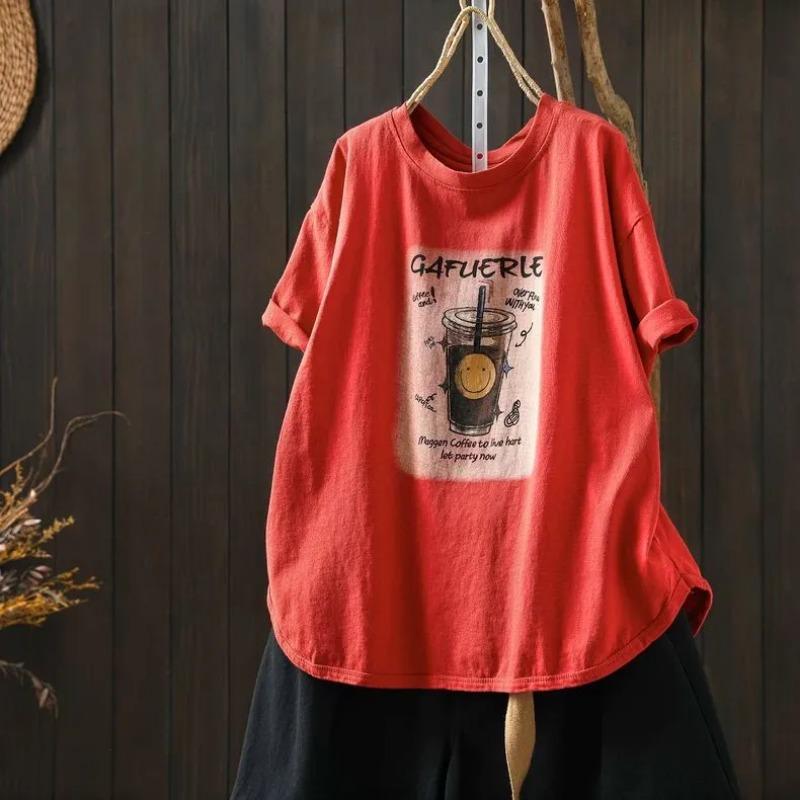 T-shirt Women Versatile Cotton Summer Casual Large Size Loose Round Neck Pullover Short-sleeved Tops